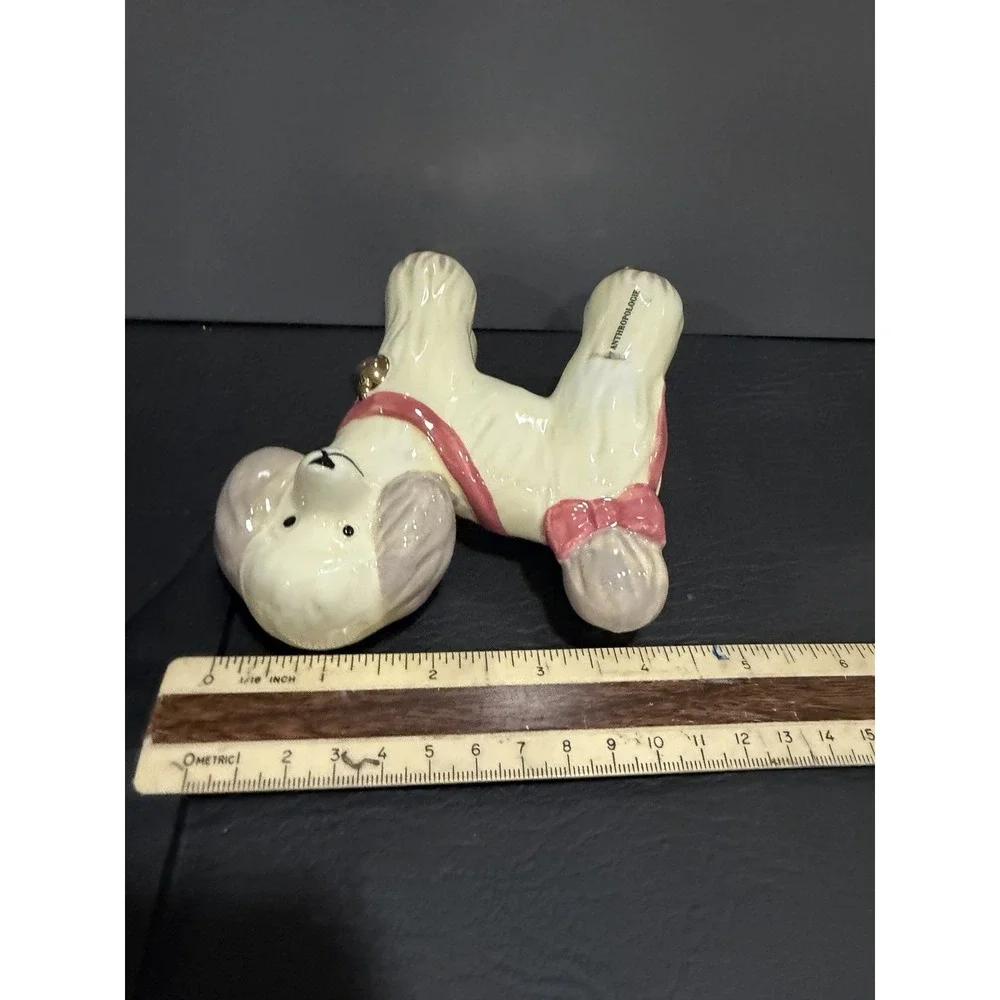 Anthropologie Ceramic Cream Poodle Dog Figurine Pink Bow Japan Novelty Decor